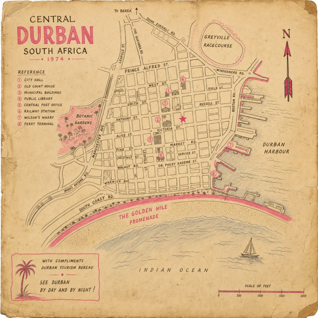 Vintage street map of central Durban